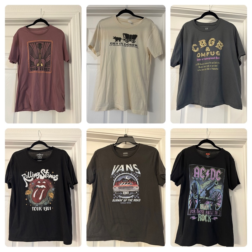 Lot of 6 women’s graphic tees. M, L, XL. Band tees, vans, funny shirt